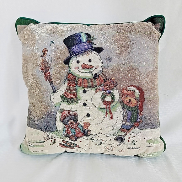 Vintage Riverdale Tapestry Throw Pillow Christmas Snowman Teddy Bears 16x16 - Picture 1 of 7